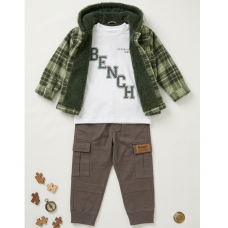 J15602: Boys Bench Sherpa Lined Check Shacket, Top & Cargo Pant Outfit (2-6 Years)